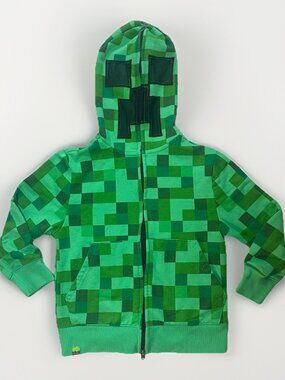 Minecraft Hoodie Boys XS Green Black Creeper Full Head Zip Mesh Pockets